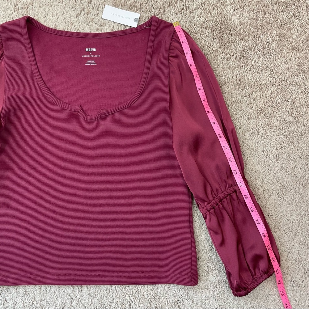 Maeve by Anthropologie Ribbed Tiered Long Sleeve Top in Burgundy Size Medium NEW - Picture 13 of 16